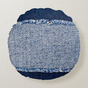 Cojín Redondo Marco de jeans azules de denim con bordes.