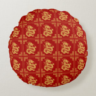 Cojín Redondo Marco de Ornamento Griego Patrón Dragón Oro Rojo