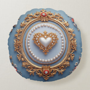 Cojín Redondo Marco de Oro Ornamentado con Corazón de Gema