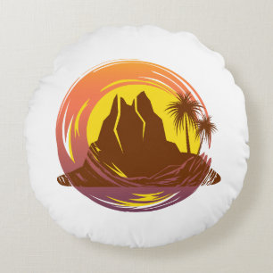 Cojín Redondo Margen con el paisaje volcánico tropical y palmera