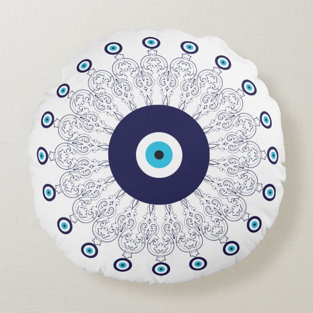Cojín Redondo Marina Mediterránea Aqua Blue Lucky Eye Mandala (Anverso)
