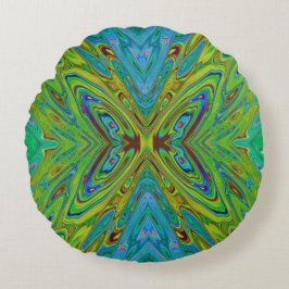 Cojín Redondo Mariposa abstracta azul y chartreuse alucinante