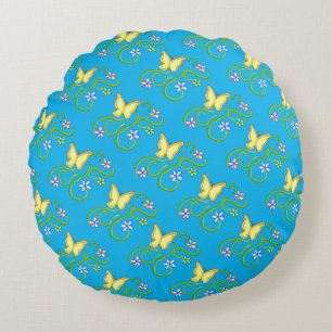 Cojín Redondo Mariposa amarilla con flores de primavera redondea