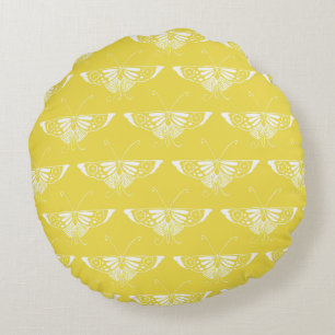 Cojín Redondo Mariposa Art Déco estilizada - amarillo y blanco