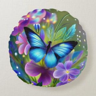 Cojín Redondo Mariposa azul brillante en el Jardín de los Hados