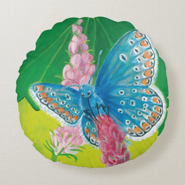 Cojín Redondo Mariposa azul Chapmans (tersidades Polyommatus) (Anverso)