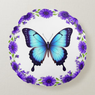Cojín Redondo Mariposa Azul Floral Jardín de Primavera Flores Pu