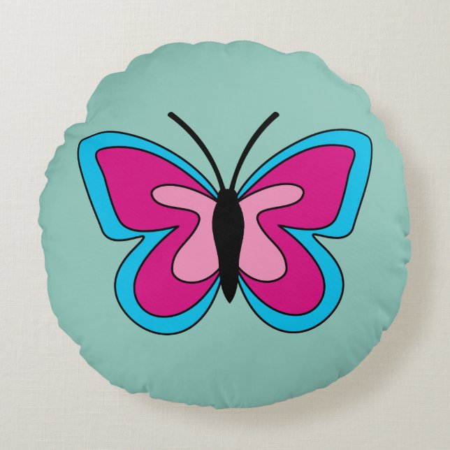 Cojín Redondo Mariposa azul magenta rosa (Anverso)