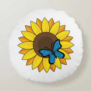 Cojín Redondo Mariposa azul y girasol