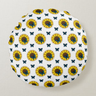 Cojín Redondo Mariposa azul y girasol