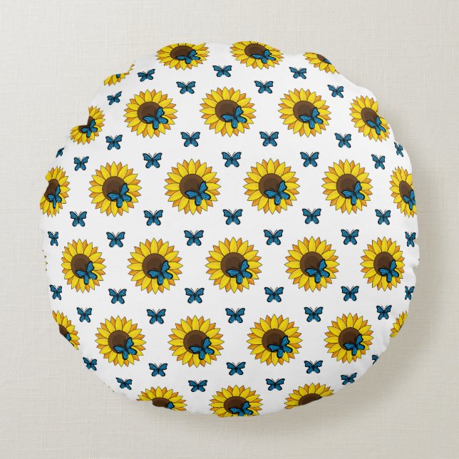 Cojín Redondo Mariposa azul y girasol (Anverso)