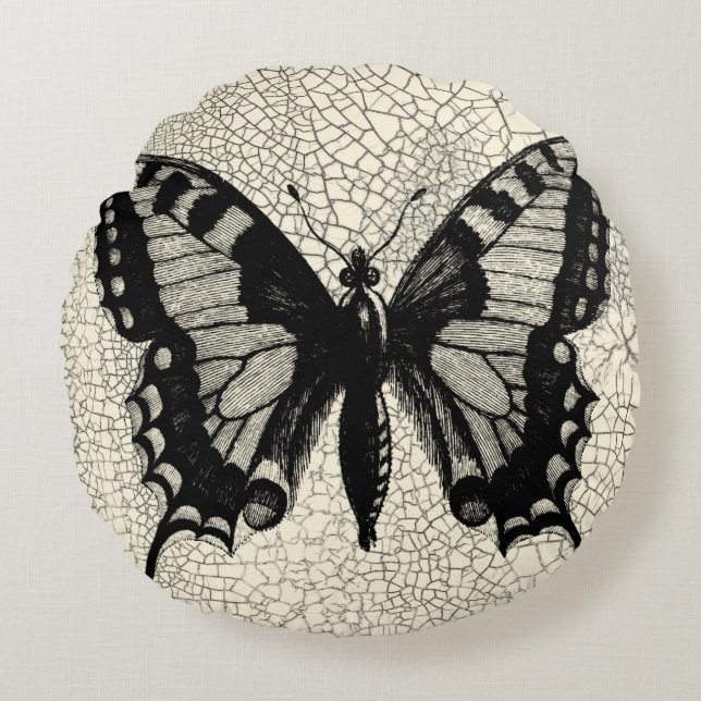 Cojín Redondo Mariposa blanco y negro en fondo agrietado (Anverso)