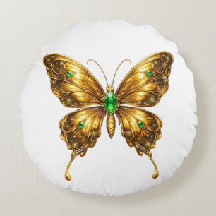Cojín Redondo Mariposa de cristal esmeralda dorada