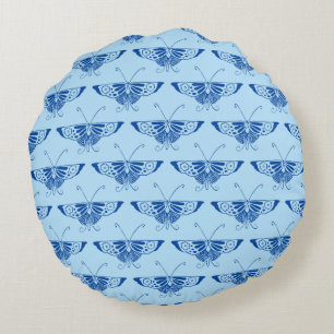 Cojín Redondo Mariposa Deco estilizada - cobalto y azul pálido