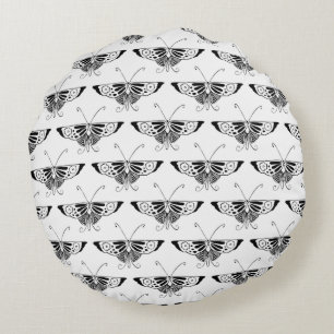 Cojín Redondo Mariposa Deco estilizada - negro y blanco