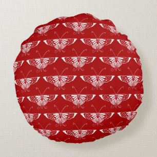 Cojín Redondo Mariposa Deco estilizada - rojo oscuro y blanco