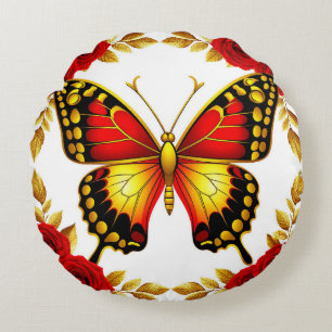 Cojín Redondo Mariposa Dorada Con Rosas Rojas Y Hojas Doradas