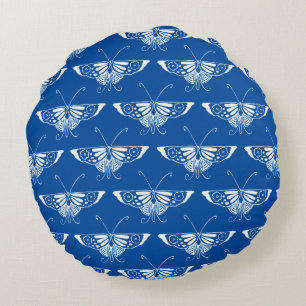 Cojín Redondo Mariposa estilizada Art Deco, azul cobalto y blanc