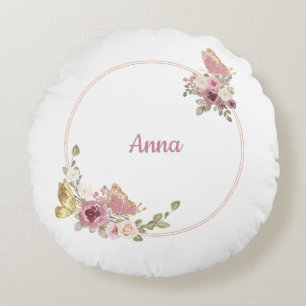 Cojín Redondo Mariposa Floral Rosa Dorado – Nombre Personalizado
