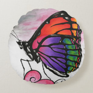 Cojín Redondo Mariposa Monarca Arcoíris Arte de Fantasía Origina
