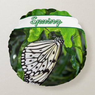 Cojín Redondo Mariposa negra y blanca en nombre personalizado ve