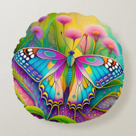 Cojín Redondo Mariposa psicodélica y flores silvestres coloridas