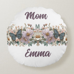 Cojín Redondo Mariposa verde y floral vintage para mamá