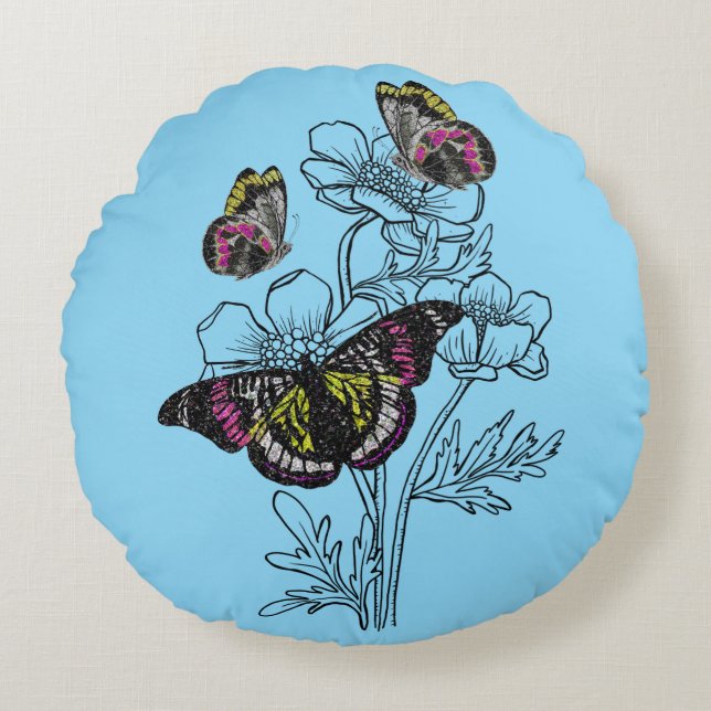 Cojín Redondo Mariposa vintage, flores estéticas (Anverso)