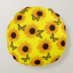 Cojín Redondo Mariposas Amarillas Y Sunflower,