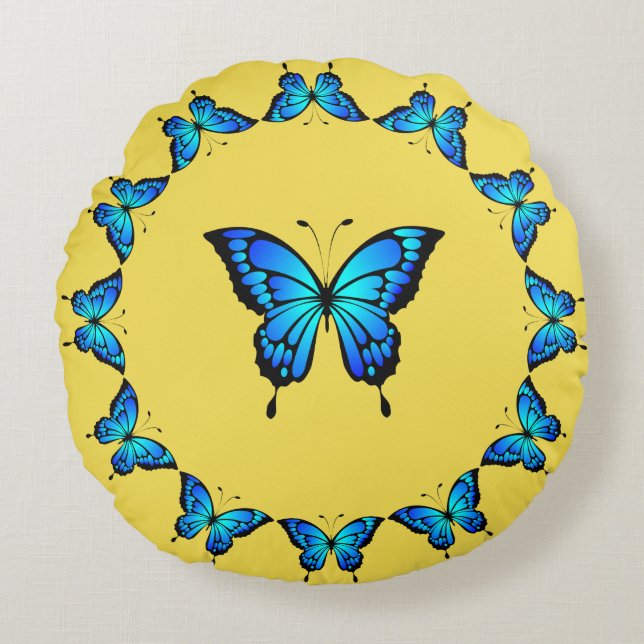 Cojín Redondo Mariposas azules de un comerciante. (Anverso)