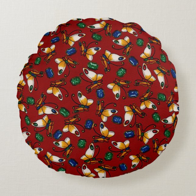 Cojín Redondo Mariposas blancas naranjas, Esmeralda, zafiro en r (Anverso)