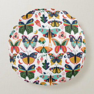Cojín Redondo Mariposas Boho: Patrón de papel tapiz sin costura.