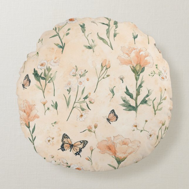 Cojín Redondo Mariposas de Melocotón Floral (Anverso)