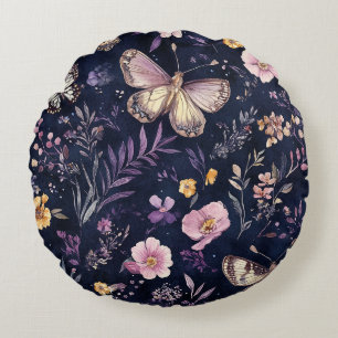 Cojín Redondo Mariposas Flores Rosadas Purpura