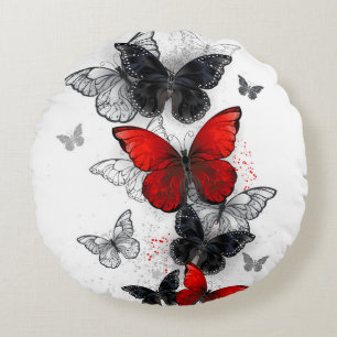 Cojín Redondo Mariposas Morpho Rojas y Negras Volando