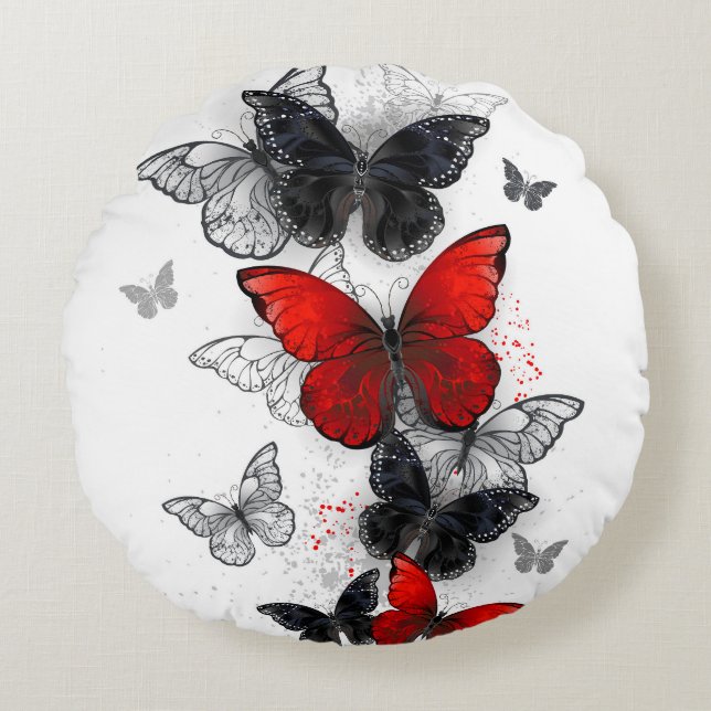 Cojín Redondo Mariposas Morpho Rojas y Negras Volando (Anverso)
