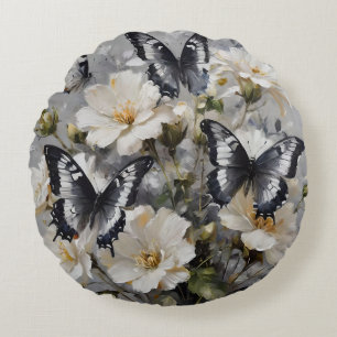 Cojín Redondo Mariposas Negras Y Blancas Sobre Flores Blancas,
