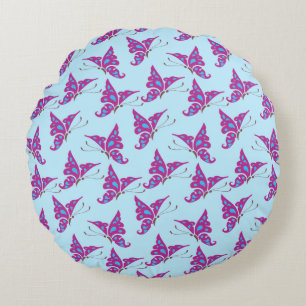 Cojín Redondo Mariposas púrpura en impresión de azul claro y mar