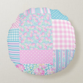 Cojín Redondo Mariposas Rosadas Roses Faux Patchwork Round Pillo
