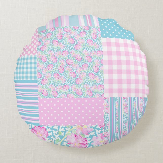 Cojín Redondo Mariposas Rosadas Roses Faux Patchwork Round Pillo (Anverso)
