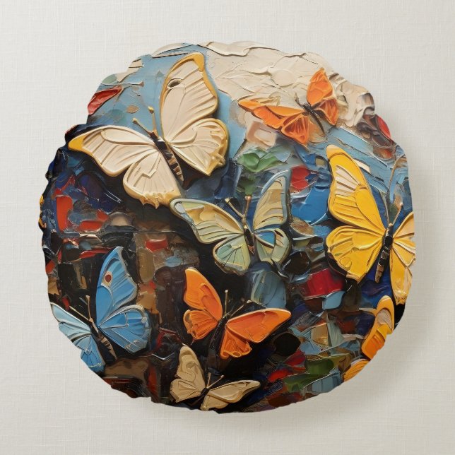 Cojín Redondo Mariposas vuela Entre Vibrantes Pinturas Naturales (Anverso)