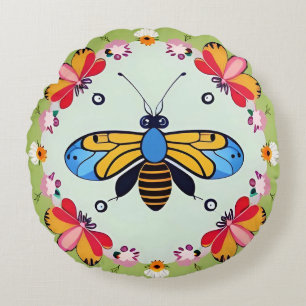 Cojín Redondo Mariposas y Abejas Adornadas con Flores