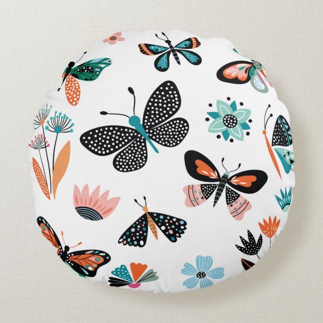 Cojín Redondo Mariposas y flores, colección dibujada a mano de d (Anverso)
