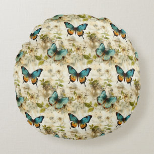 Cojín Redondo Mariposas y flores de época coloridas (1)