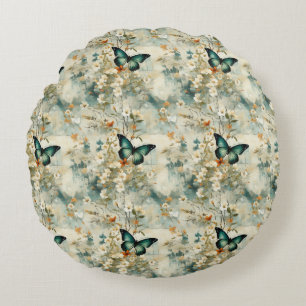 Cojín Redondo Mariposas y flores de época coloridas (6)