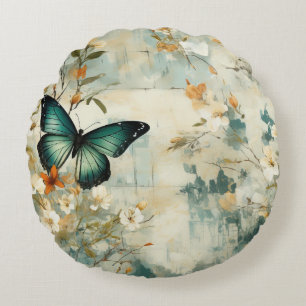 Cojín Redondo Mariposas y flores de época coloridas (6)