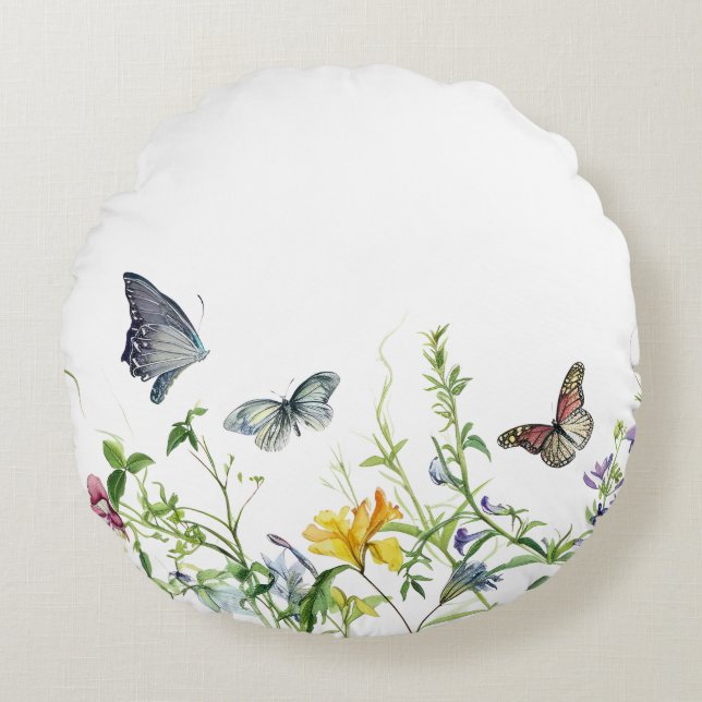Cojín Redondo Mariposas y flores en flor (Anverso)