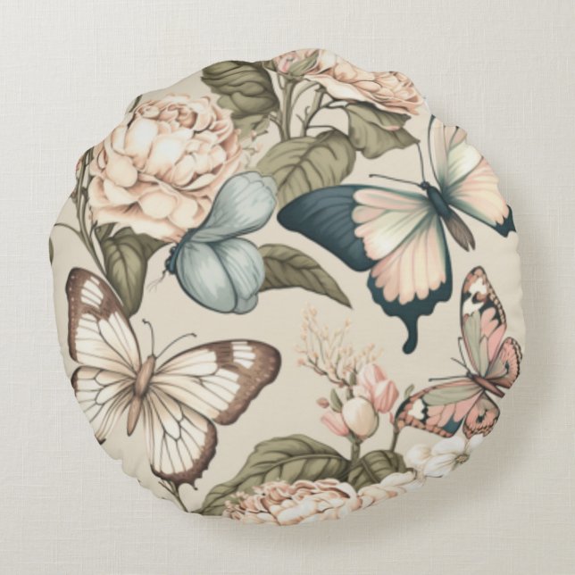 Cojín Redondo Mariposas y flores pastel (Reverso)