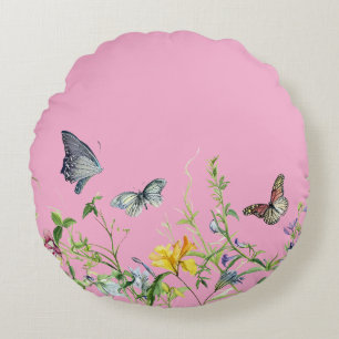 Cojín Redondo Mariposas y flores (PINK BKGRD)