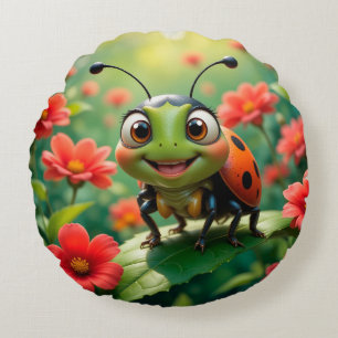 Cojín Redondo Mariquita de dibujos animados adorable en una hoja